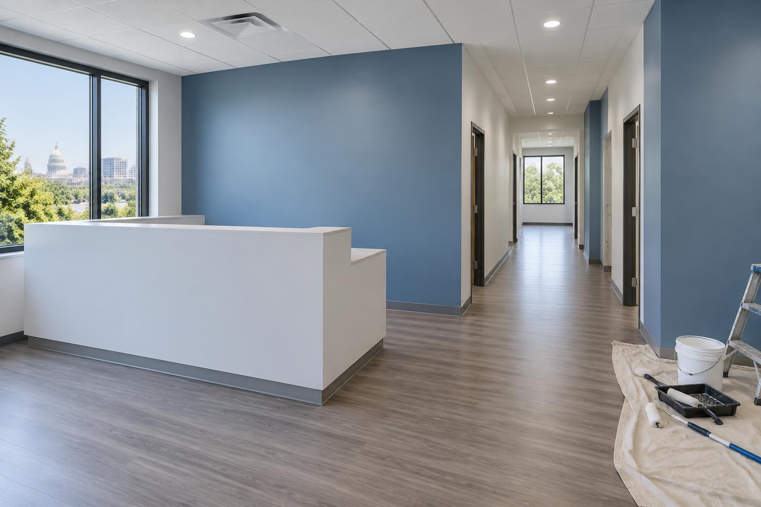 An office reception area with freshly painted walls